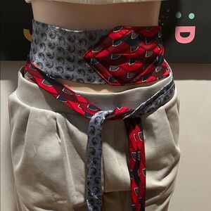 Elegant red and gray Patterned obi style Women's Belt. Unique. Silk ties.